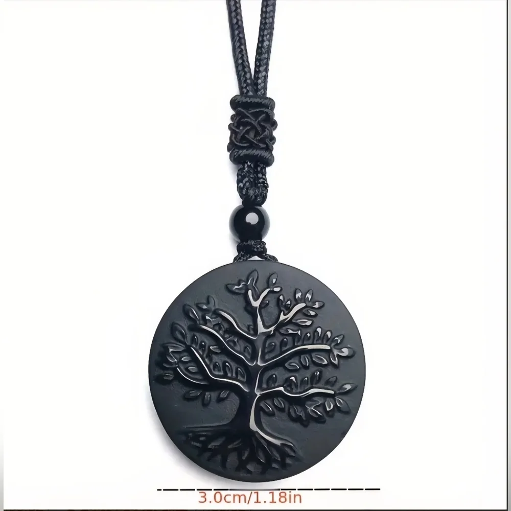 Obsidian Men's Frosted Tree of Life Necklace Pendant